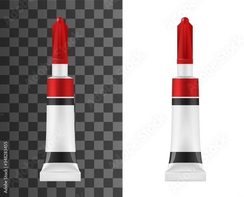 Super glue tube realistic vector mockup. Adhesive white package with red and black stripes, universal super glue in metal tube, container with long tip and protective cap mockup