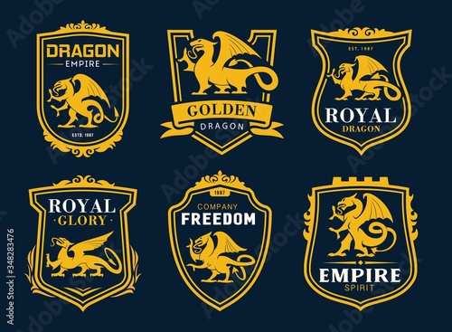 Griffin and dragon isolated heraldic vector icons. Yellow shields with armorial mythical animal silhouettes, ribbons and typography. Empire golden dragon and fantasy Griffon lion and eagle creature