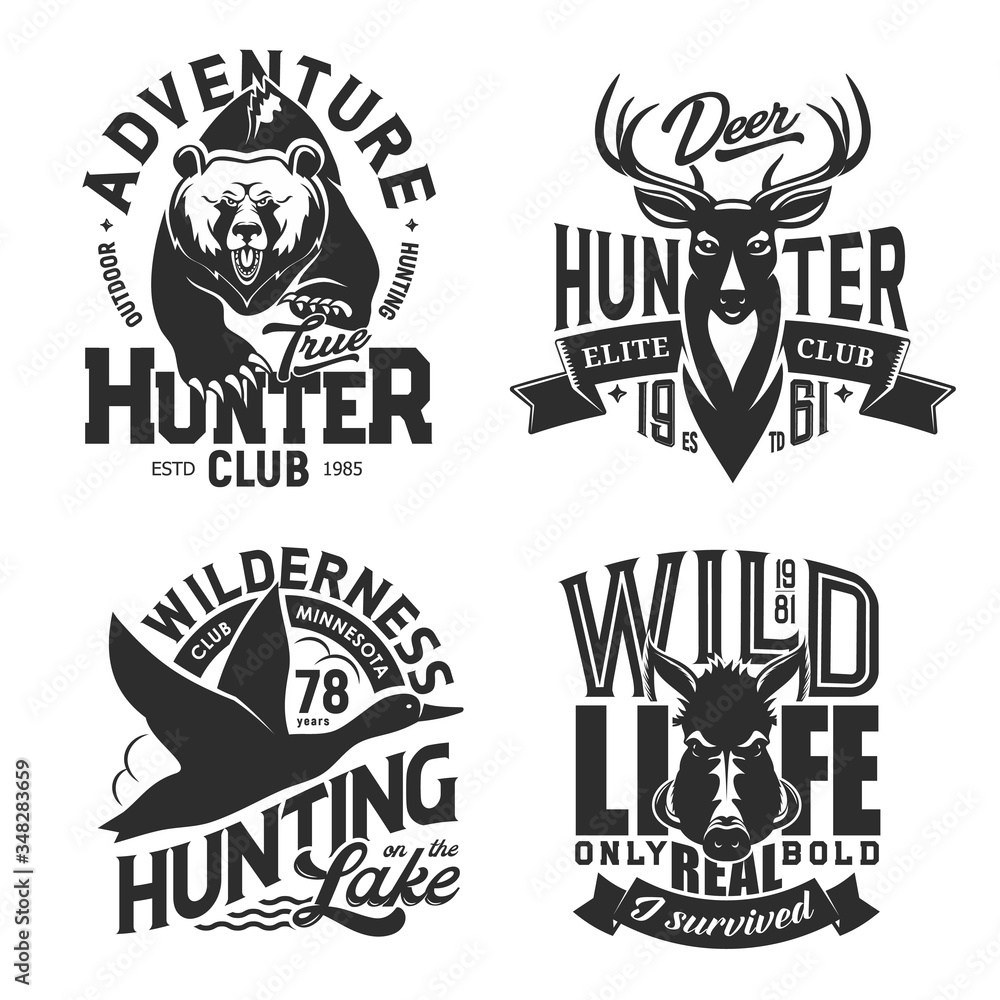 Fototapeta premium Hunting sport t-shirt prints, isolated vector monochrome icons. Wild animals chase t-shirt print templates. Hunting outdoor adventure deer antlers, grizzly bear, boar and flying duck
