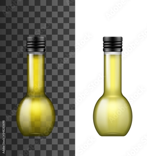 Olive oil realistic bottle, isolated 3d vector mockup object. Glass bottle with round shape, thin neck and black screw cap. Premium extra virgin olive or sunflower cooking oil
