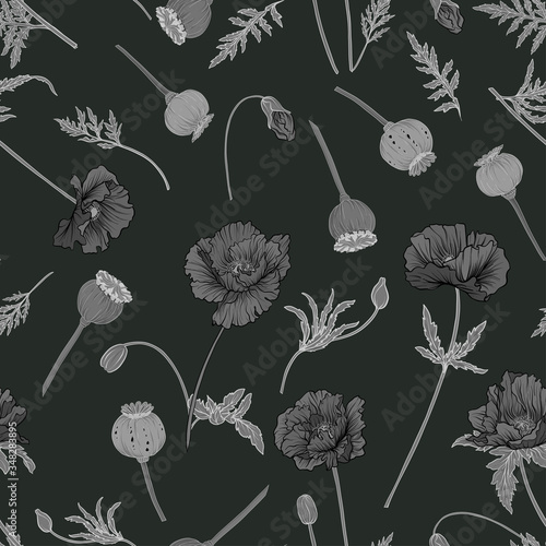 Seamless pattern, background with miraculous, hallucinogenic plants in botanical style in monochrome gray color. Vector illustration