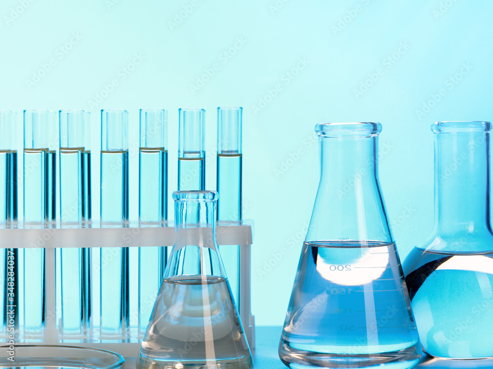 Close-up of glass test tubes and other laboratory glassware Close-up of glass test tubes and other laboratory glassware