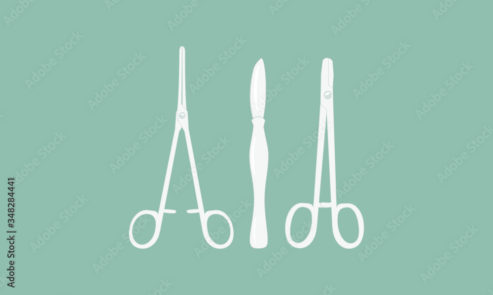 Set of surgical instruments. Scalpel, medical clamp, medical needle holder. Vector illustration