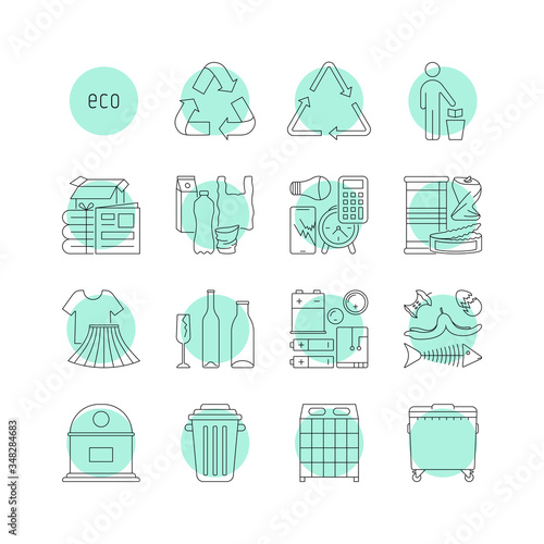 thin line sorted garbage and garbage cans