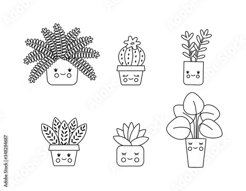 Simple coloring book for children with kawaii flowers, set collection of plants in pots. Contour, silhouette of indoor, domestic plants with eyes. Funny cute vector illustration.