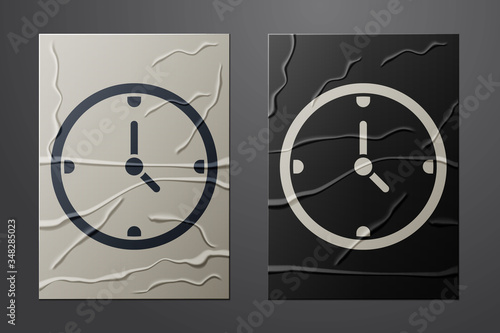 White Clock icon isolated on crumpled paper background. Time symbol. Paper art style. Vector
