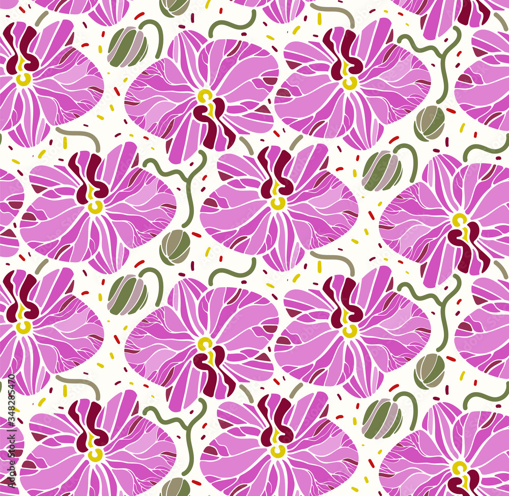 Tropical seamless pattern with pink purple orchids flowers. Tropic floral wallpaper isolated on light background. Exotic textile print. Vector flat graphics. Tropical seamless pattern with pink purple orchids flowers. Tropic floral wallpaper isolated on light background. Exotic textile print. Vector flat graphics.
