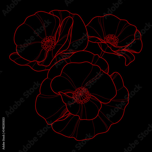 Hand drawing red poppies flowers for greeting card, invitation, Henna drawing and tattoo template. Vector illustration