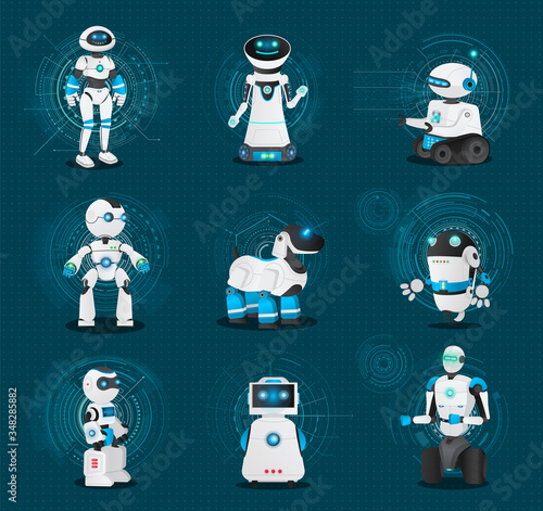 Set of robotic creatures. Collection of humanoids and androids of different shapes and model. Robot dog and bot on wheels. Futuristic characters with artificial intelligence, vector illustration