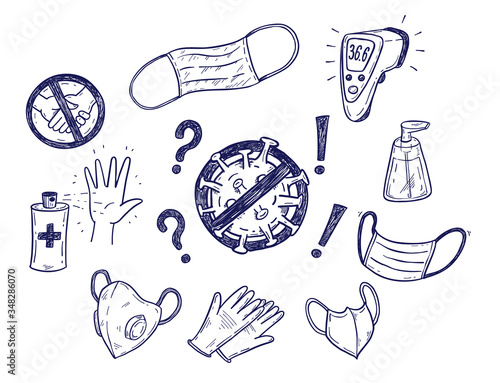 CoronaVirus Covid-19 protection vector sketch set with hand drawn face masks, gloves, antiseptic, soap etc.