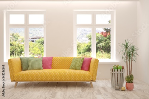 White living room with sofa and summer landscape in window. Scandinavian interior design. 3D illustration