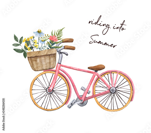 Watercolor pink vintage style bicycle with basket and pretty wild flowers. Cu...