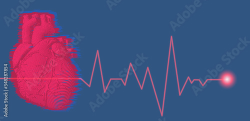 Red human heart illustration with heart rate pulse