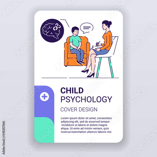 Child psychology brochure template. Psychotherapy counseling cover design. Mental health magazine poster. Print design with linear illustrations cartoon character on a white background