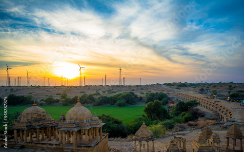 Windmills in Jaisalmer desert area, view from Bara bagh Jaisalmer, Rajasthan India
