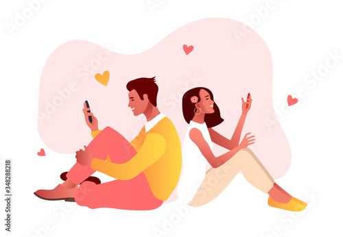 Virtual relationships and online dating and social networking concept during lockdown. Couple sitting back to back with smartphones. Vector illustration, flat style.