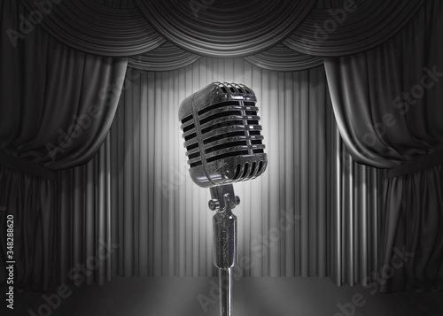 Old retro microphone on stage and curtain background. 3 D illustration.