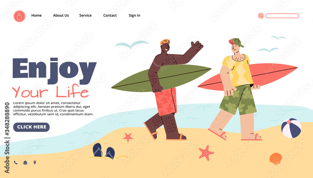 Web banner for travel agency with friends enjoy vacation, cartoon vector illustration.