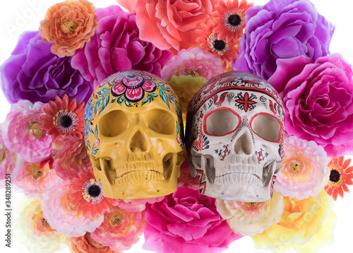 Fototapeta Naklejka Na Ścianę i Meble -  Mexican Day of the Dead,colorful skull on a background of flowers