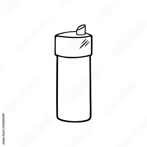 Hand drawn single sports water bottle in doodle style. Comic book style imitation. Line sign rest, relax, leisure time, work at home, comfort, online education, stay home, interior, schooling. healthy