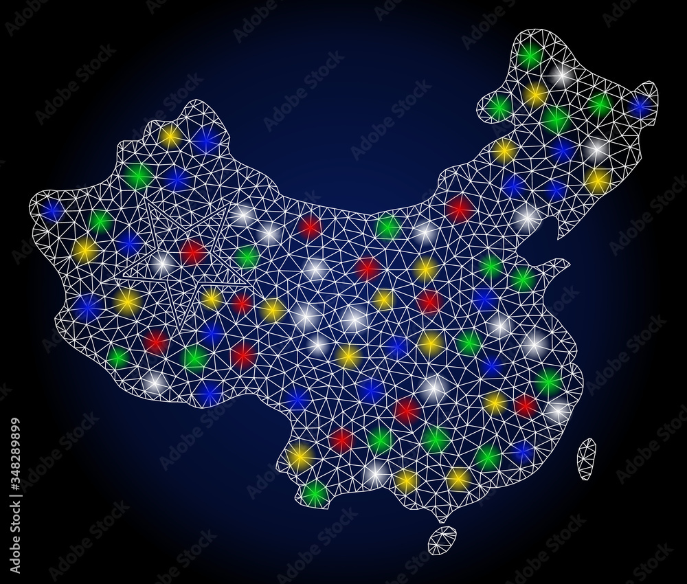 Glowing mesh China map with sparkle effect. Abstract illuminated vector ...