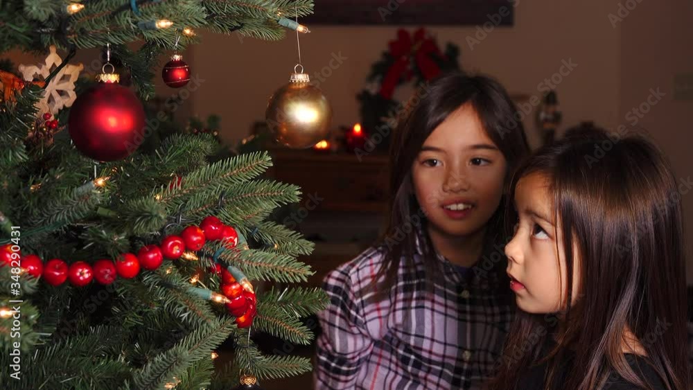 Two adorable young girls take turns hanging ornaments on a Christmas tree. Three different takes bundled into one clip. Note: focus is on the younger girl. Two adorable young girls take turns hanging ornaments on a Christmas tree. Three different takes bundled into one clip. Note: focus is on the younger girl.