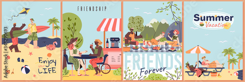 Summer vacation poster set - cartoon friends on tropical beach