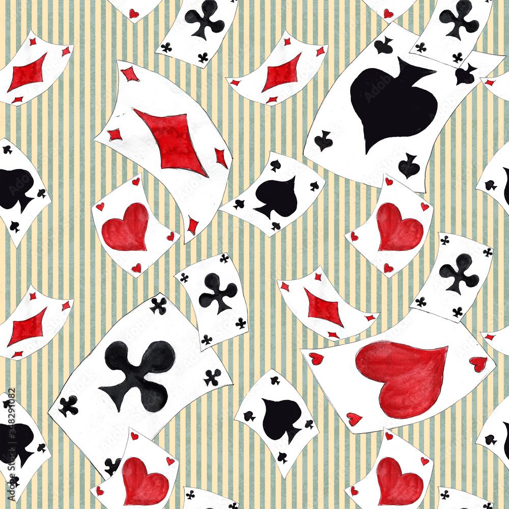 Alice in Wonderland cute watercolor objects set seamless pattern Alice in Wonderland cute watercolor objects set seamless pattern