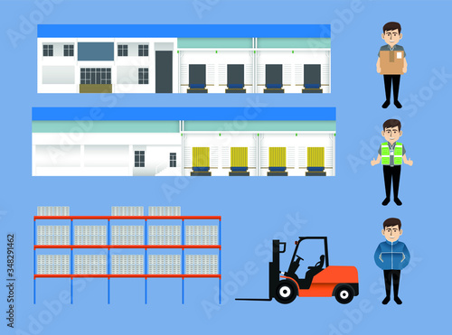 The beautiful vector of cold storage warehouse set included front view warehouse, racking shelf, forklift and worker carrying box, wear safety jacket and wear winter coat sweater on blue background