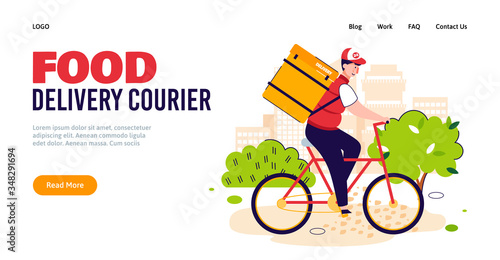 Food delivery courier banner with cartoon man in bicycle with backpack