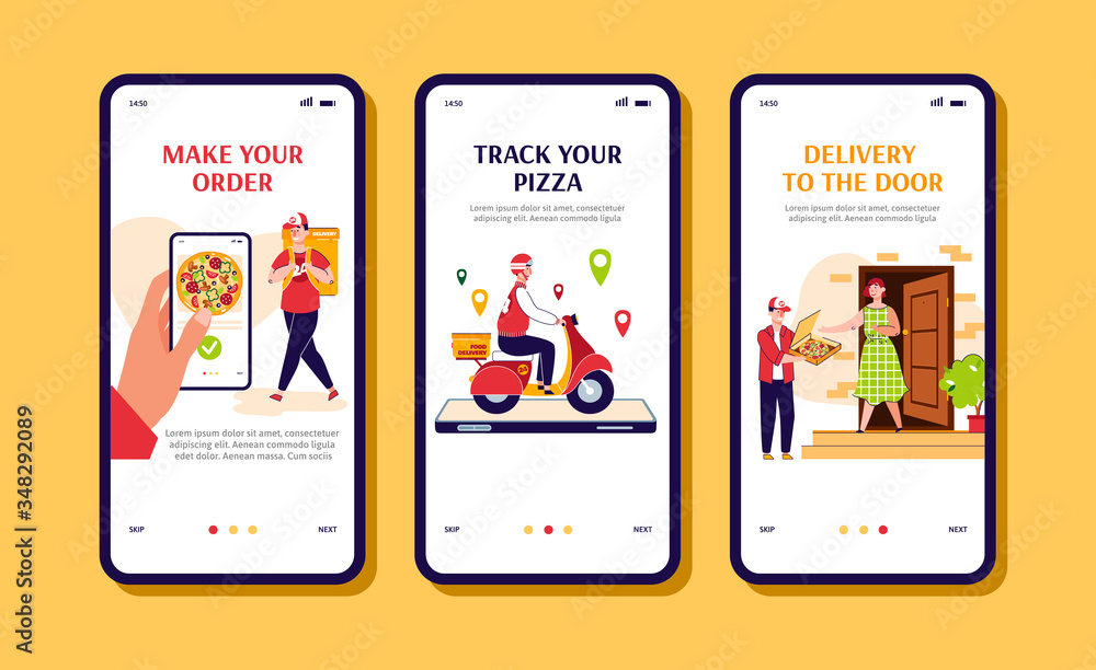 Restaurant pizza order and delivery app page set, cartoon vector illustration. Restaurant pizza order and delivery app page set, cartoon vector illustration.