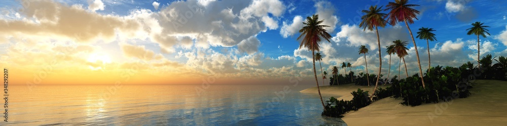 Island with palm trees at sunset in the ocean, palm beach at dawn, 3D rendering