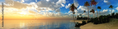 Island with palm trees at sunset in the ocean, palm beach at dawn, 3D rendering © ustas
