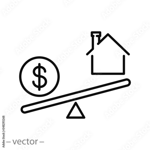balance with dollar and house icon vector, money and home on seesaw, thin line symbol on white background