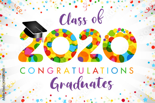 Class of 2020 year graduation banner, award concept. Bubble sign, happy holiday invitation card. Isolated abstract graphic design template. Calligraphic text, brush style letters. Confetti background.