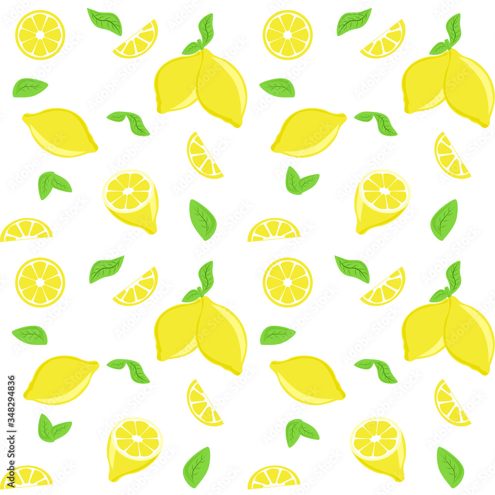 Lemon seamless pattern, background. Slices, leaves, yellow fruits. Isolated vector illustration Lemon seamless pattern, background. Slices, leaves, yellow fruits. Isolated vector illustration
