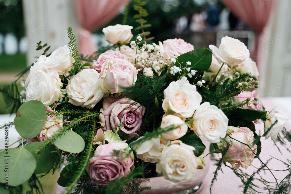 photo of a flower arrangement at a wedding