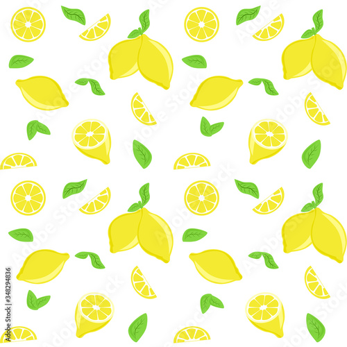 Lemon seamless pattern, background. Slices, leaves, yellow fruits. Isolated vector illustration