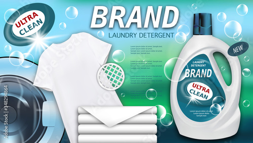 Laundry detergent in plastic container, clean towels and white t-shirt. Package design for Liquid Detergents ads with realistic washing machine. Branded bleach, fabric softener, conditioner.