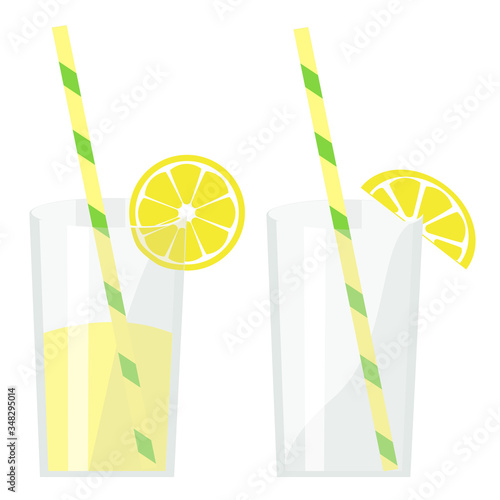 A glass with drink and a slice of lemon. Yellow fruit. Isolated vector painting art