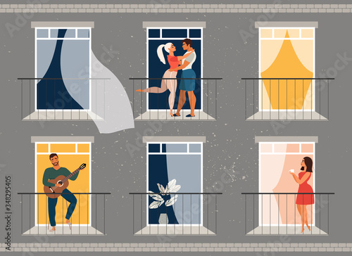 People standing on balconies. People in windows outside view. Quarantine and isolation concept. People staying at home during the pandemic. Virus prevention. People at home with their families.