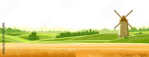 Wheat field landskape. Isolated Vector on a white background. Green grassy hills. Windmill for grinding flour. Rural rustic scenery. Trees, shrubs. Flat style.
