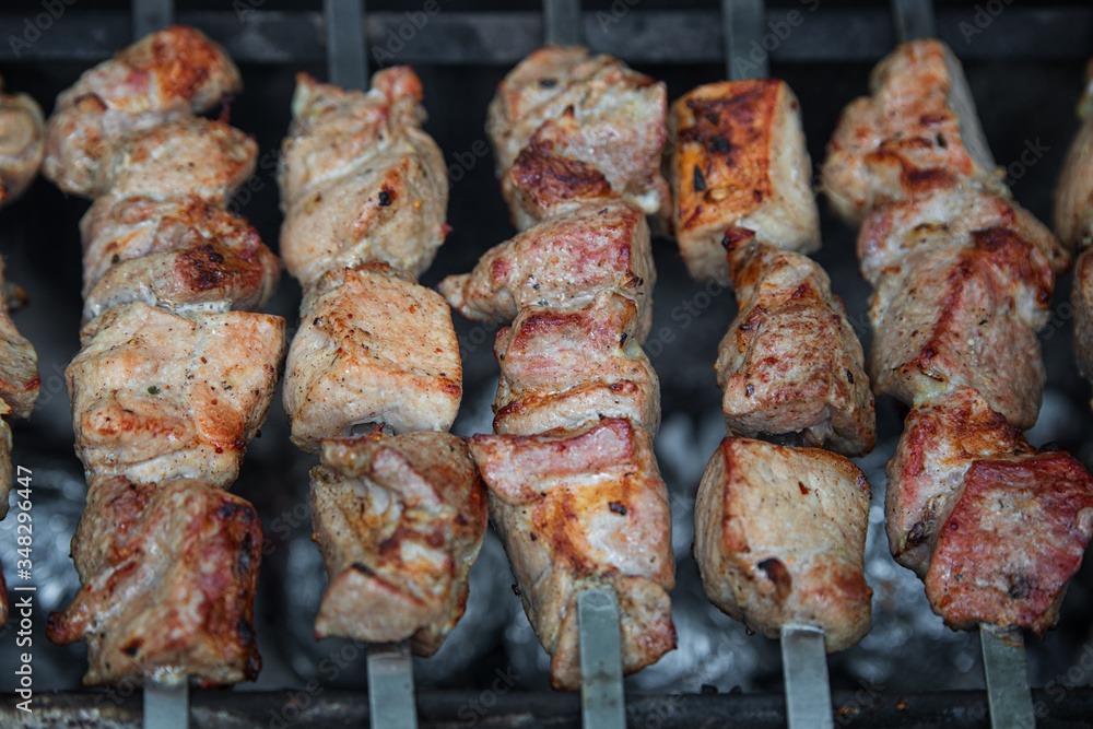 Five skewers of kebab, on the grill, in nature