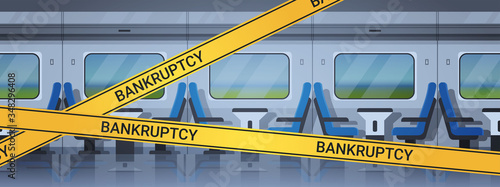 empty no pessenger train interior with yellow bankruptcy crisis tape coronavirus pandemic quarantine covid-19 concept horizontal vector illustration