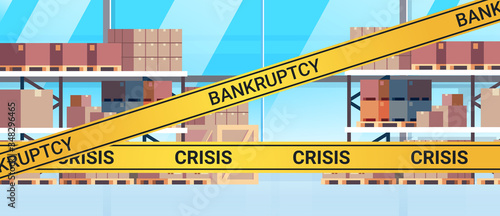 empty no people warehouse full of cargo with yellow bankruptcy crisis tape coronavirus pandemic quarantine covid-19 concept modern storehouse interior horizontal vector illustration