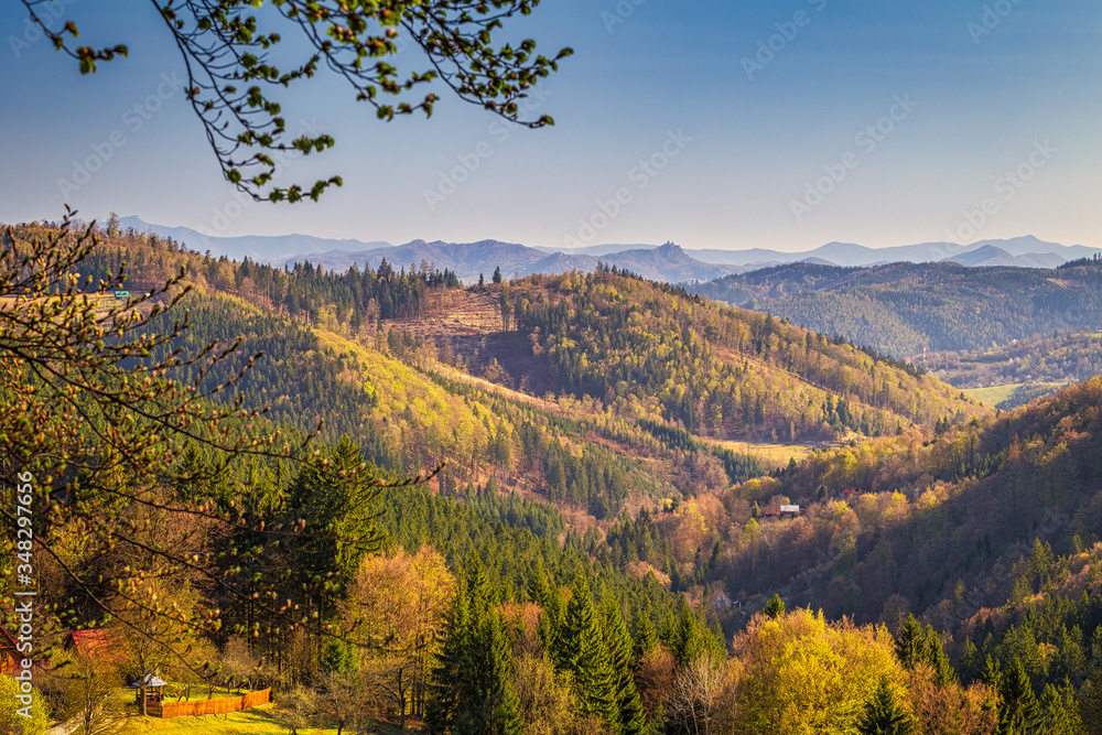 Mountainous landscape with forests at spring time. Kysuce region in the north of Slovakia, Europe.
