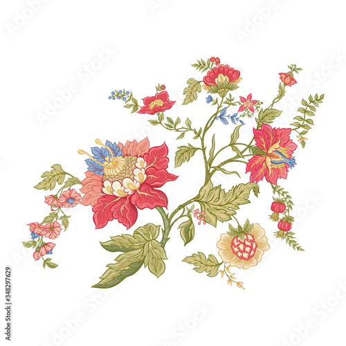 Fantasy flowers in retro, vintage, jacobean embroidery style. Embroidery imitation isolated on white background. Vector illustration.
