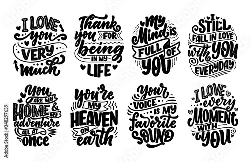 Set with slogans about love in beautiful style. Vector abstract lettering compositions. Trendy graphic design for prints and cards. Motivation posters. Calligraphy text for Valentine's Day.