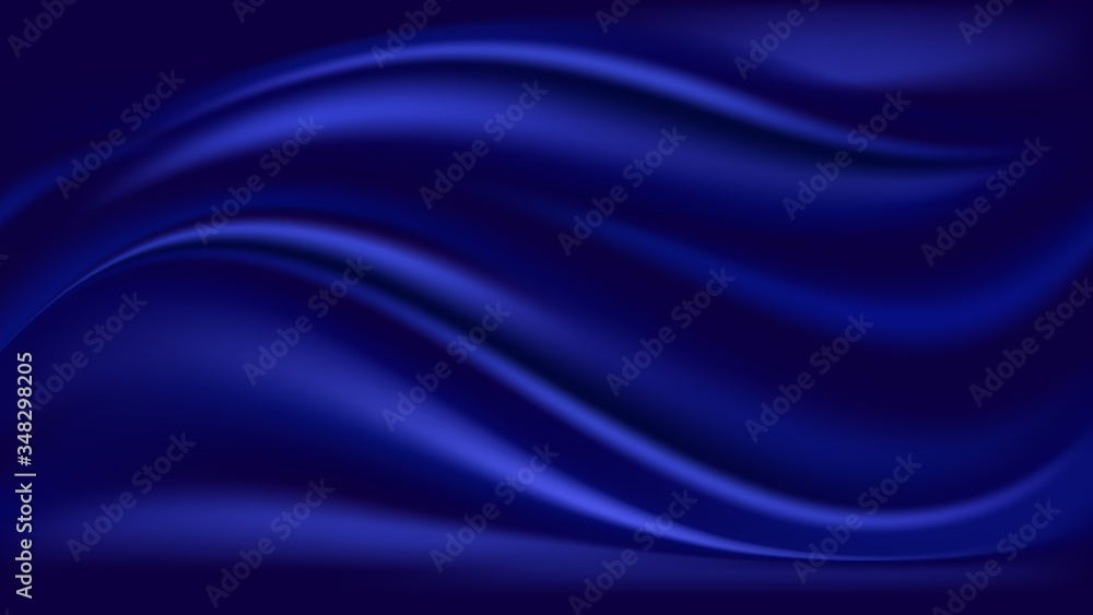 Blue wave satin background. Smooth shiny silk fabric texture, deep blue color flow swirl. Vector illustration Blue wave satin background. Smooth shiny silk fabric texture, deep blue color flow swirl. Vector illustration
