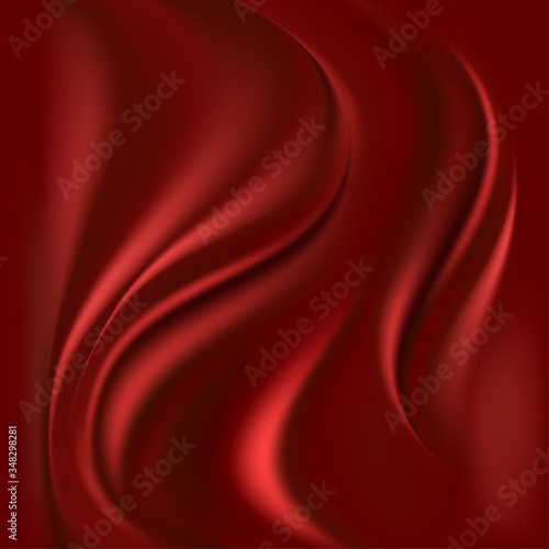 Red satin background. Wavy smooth silk texture with drapery. Abstract pattern, vector illustration